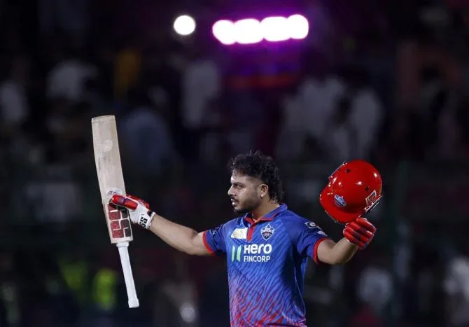 Ashutosh Sharma raises his arms in triumph after Delhi Capitals beat Rajasthan Royals in the IPL match in Jaipur on Friday.