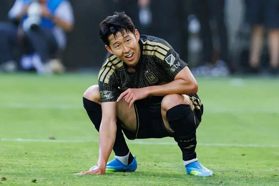 Son Heung-Min #7 of LAFC reacts after a missed goal during an MLS match against Houston Dynamo FC on May 10, 2026 at BMO Stadium in Los Angeles, California.